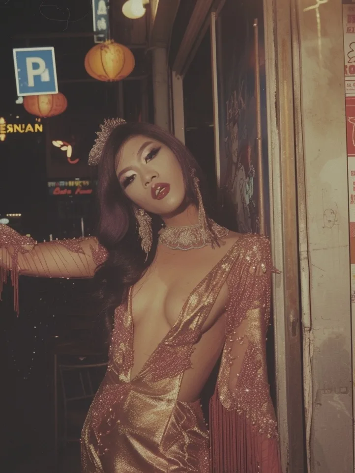 An image created with AI software, showing a woman standing on a street at night, lit up by neon lights, staring at the viewer and wearing a glistening gold dress.