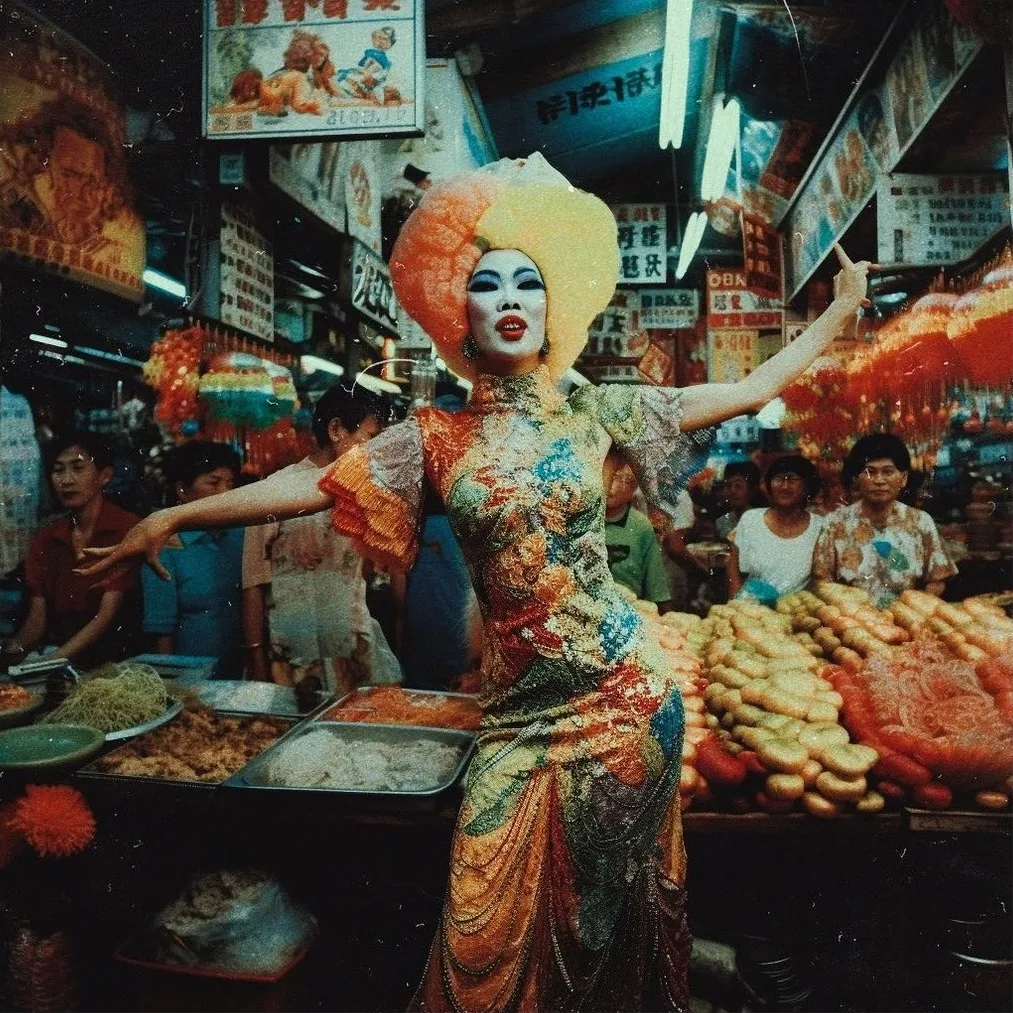 An image created with AI software, showing a woman dancing in the middle of a busy street food market in a multicolored dress.