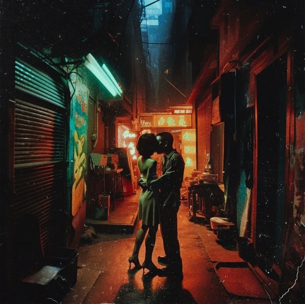 An image created with AI software, showing a man and a woman kissing in the middle of an alleyway at night, their bodies lit up by neon lights.