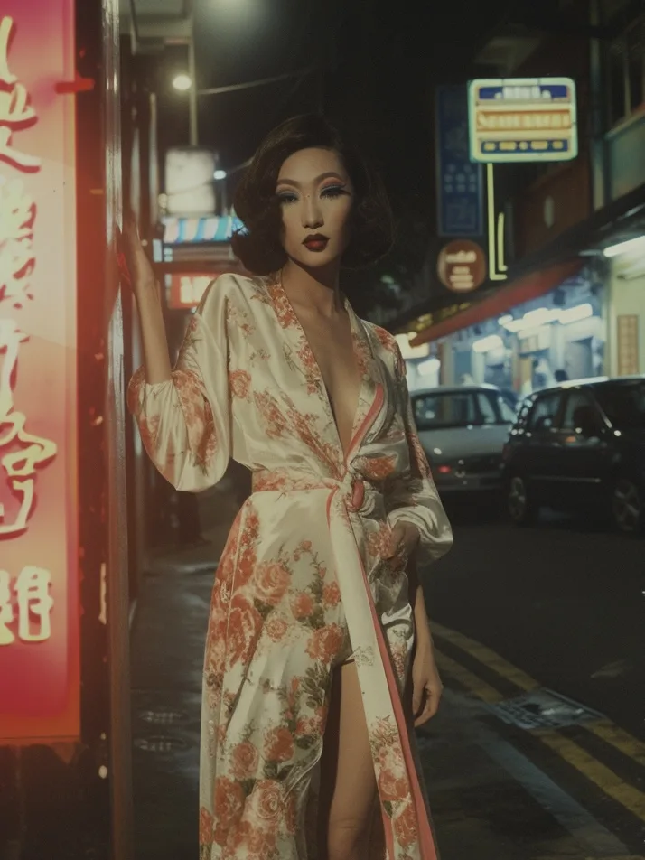 An image created with AI software, showing a woman standing on a street at night, lit up by neon lights, staring at the viewer and wearing a colorful patterned gown.