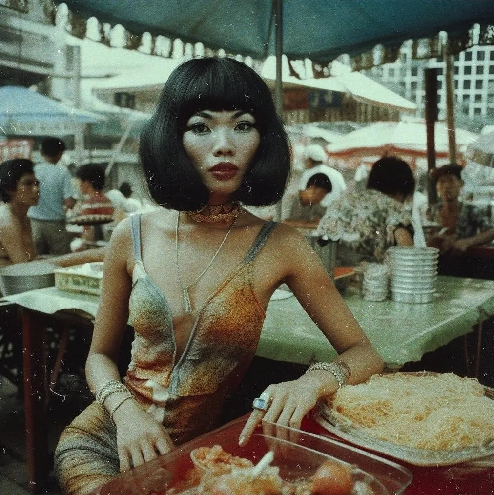 An image created with AI software, showing a woman sitting at a table in the middle of a street food market, staring at the viewer and wearing a colorful patterned dress.