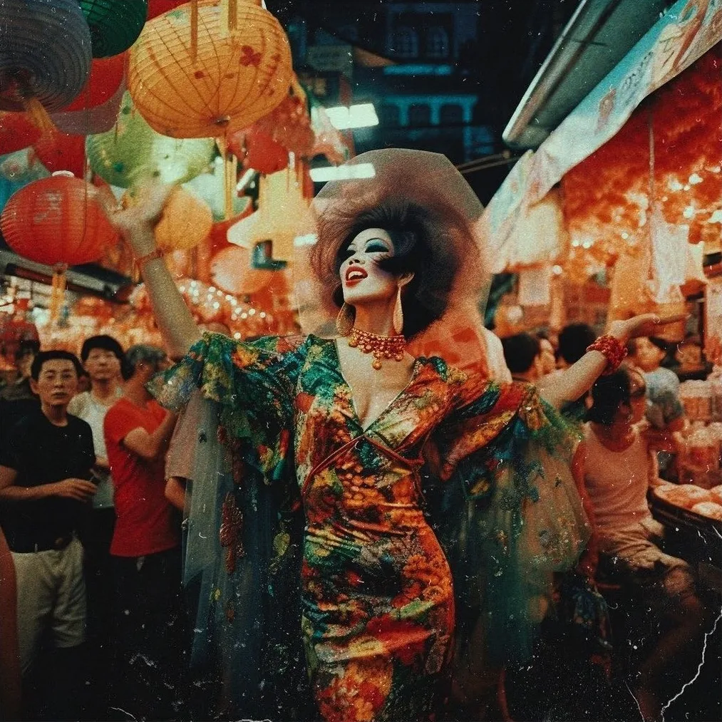 An image created with AI software, showing a woman dancing in the middle of a busy street food market in a multicolored dress.