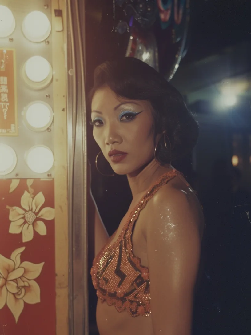 An image created with AI software, showing a woman standing on a street at night, lit up by neon lights, staring at the viewer and wearing a colorful patterned dress.